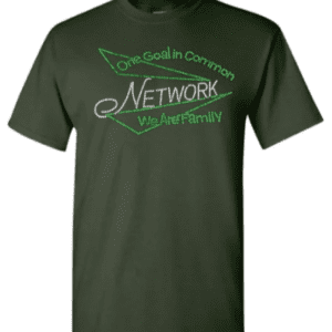 A green t-shirt that says "One Goal In Common, Network, We Are Family".